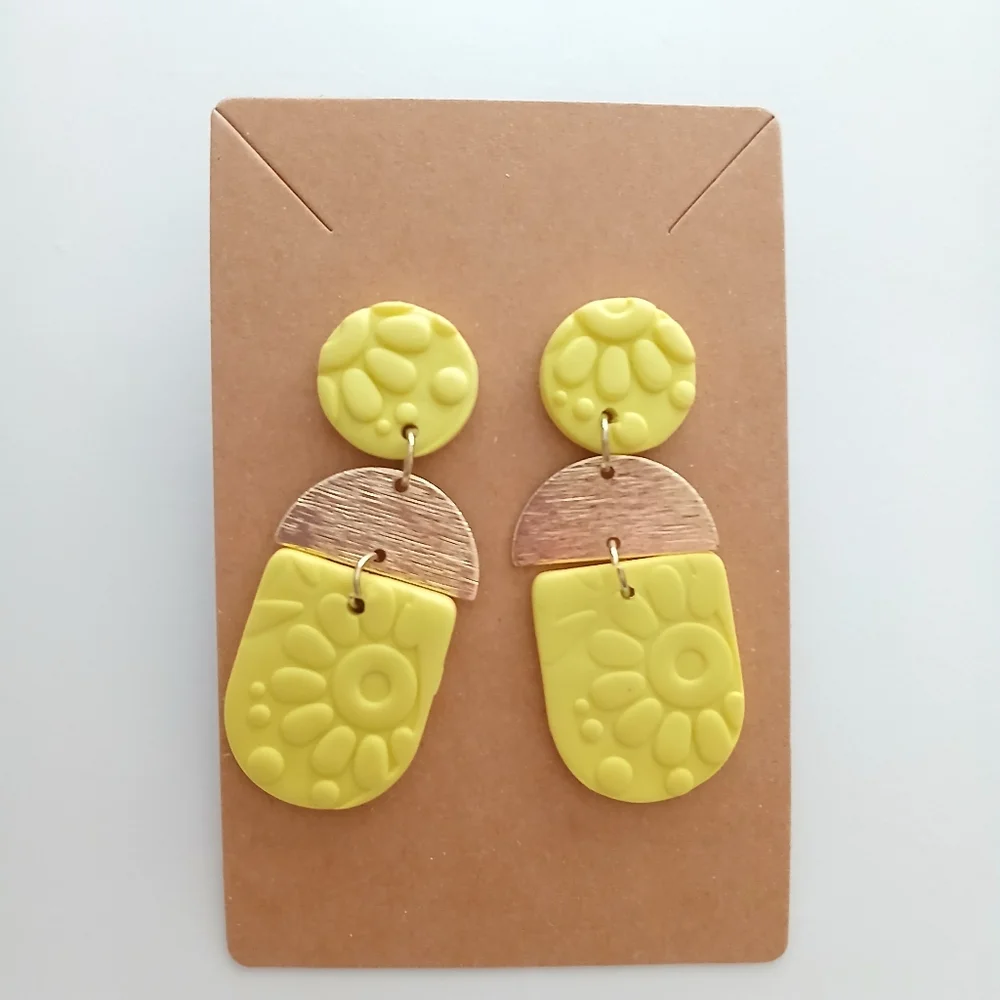 Fashion Jewelry Yellow Floral Textured Dangle Earrings - Picture 2 of 5